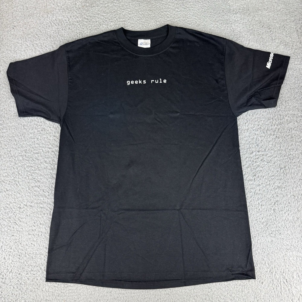 Vintage Y2K Microsoft Geeks Rule Black Graphic T Shirt Tech‎ Promo Size Men's Lg